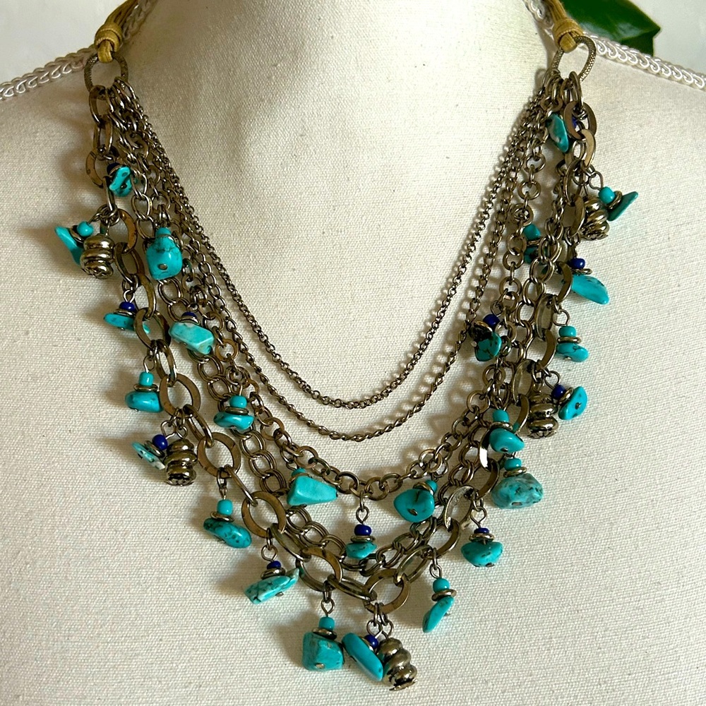 Vintage Native American Natural Genuine Turquoise & Silver Multi Strand Necklace